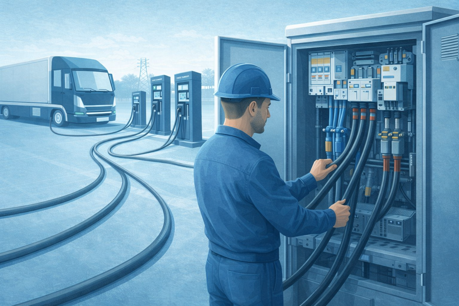 Technisch specialist inspecteert een open power cabinet op een DC-laadlocatie voor elektrische trucks, met zichtbare kabeltrajecten naar meerdere laadzuilen.