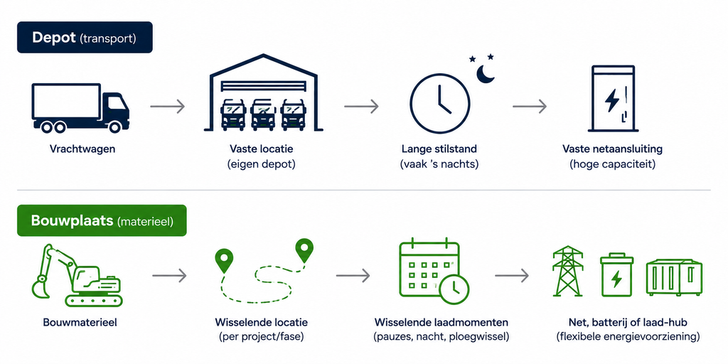 Verschil tussen laden van elektrische vrachtwagens op een vast depot en elektrisch bouwmaterieel op wisselende bouwplaatsen.
