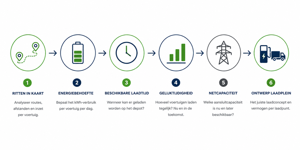 Stappenplan van ritten en energiebehoefte naar laadtijd, netcapaciteit en ontwerp van een laadplein voor elektrische vrachtwagens.