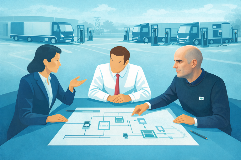 Depot laden van e-trucks met adviseur die inrichting van laadinfrastructuur bespreekt