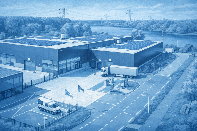 Illustratie van een logistieke locatie met zonnepanelen, elektrische laadpunten en zwaar vervoer aan het water