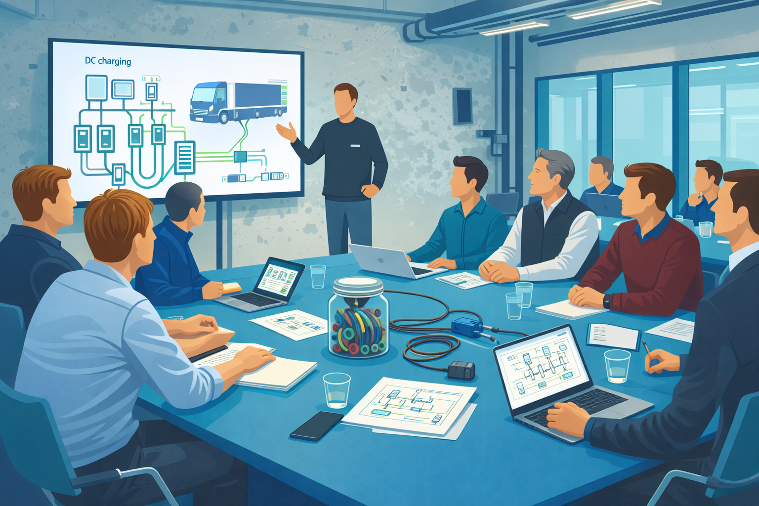 Experts bespreken DC laadinfrastructuur voor zwaar vervoer tijdens een vaktafel met technische schema’s en praktijkcases