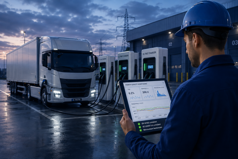 Technicus bekijkt power quality metingen bij een DC-laadplein voor e-trucks