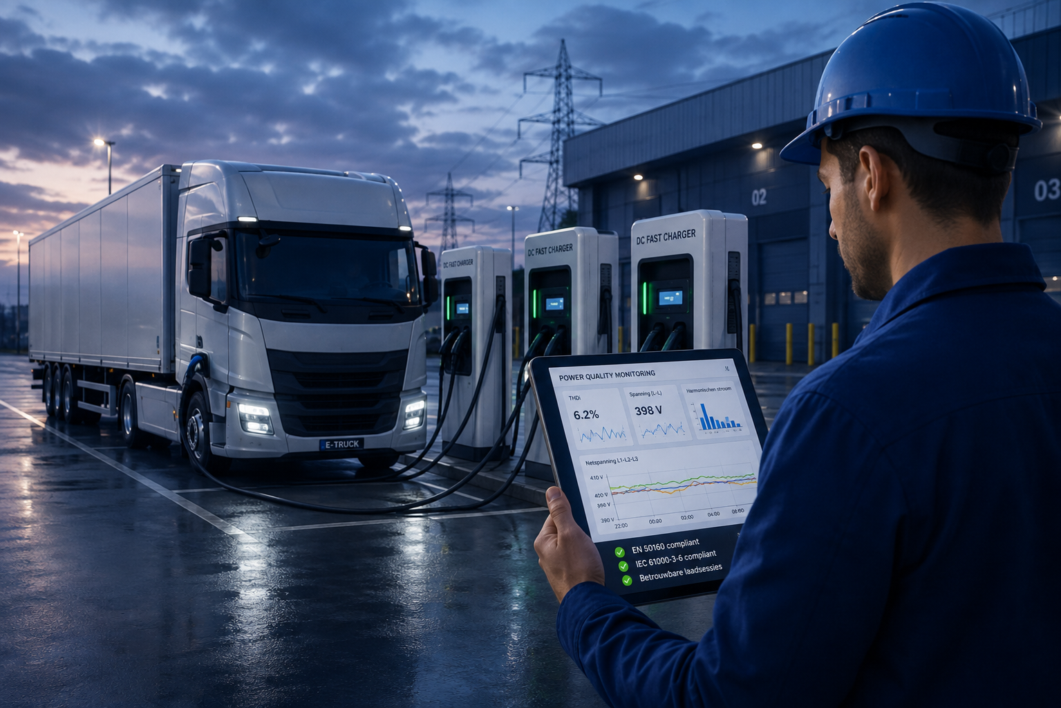 Technicus bekijkt power quality metingen bij een DC-laadplein voor e-trucks