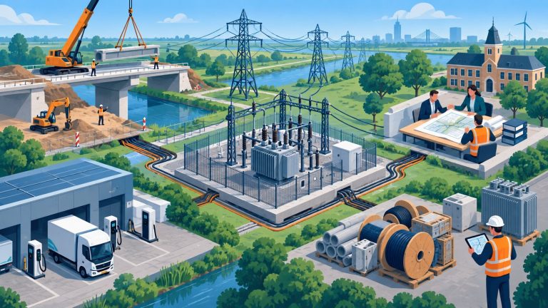 Illustratie van een elektriciteitsnet met transformatorstation, kabels, laadplein, bouwproject en vergunningsoverleg