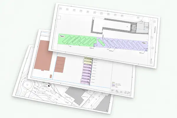 Schetsontwerp van een laadplein voor elektrische trucks met laadplaatsen, technische voorzieningen en uitbreiding van fase 1 naar fase 2.