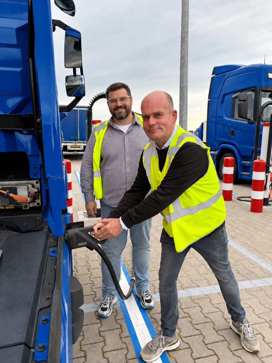 Onafhankelijke projectbegeleiding bij het laden van elektrische trucks op een laadplein.