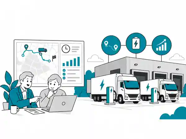 Illustratie van quickscan depotladen voor elektrische trucks met ritplanning, energiebehoefte en laadplein op depot.